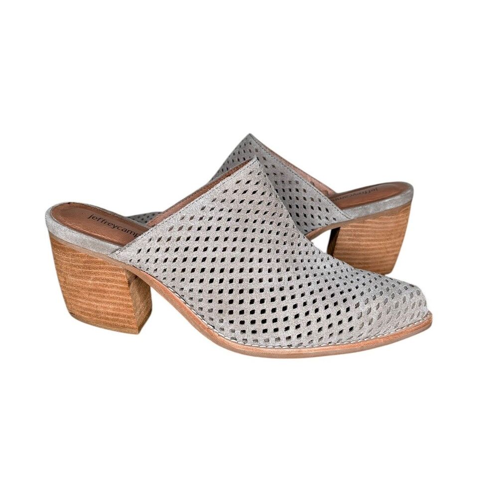 Jeffrey Campbell Suede Mules Size 9.5 Gray Taupe Favela Perforated Stacked Heel